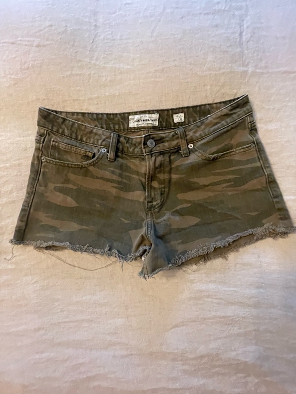 Lucky Brand The Cutoff Olive Camo Frayed Hem Jean Shorts